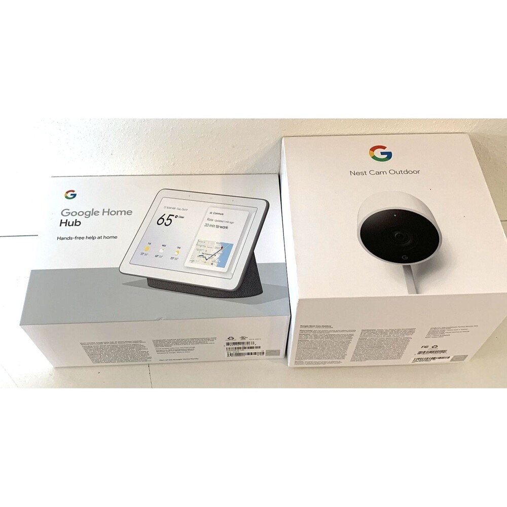 Lot of 2 Empty Google Boxes 1 Home Hub 1 Nest Cam Outdoor w/Manuals Pristine